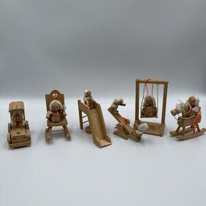 Set of 6 Vintage Wooden People Playground Christmas Ornaments Made in Taiwan